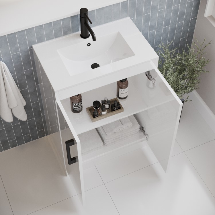 600mm White Freestanding Vanity Unit with Basin and Black Handles - Ashford