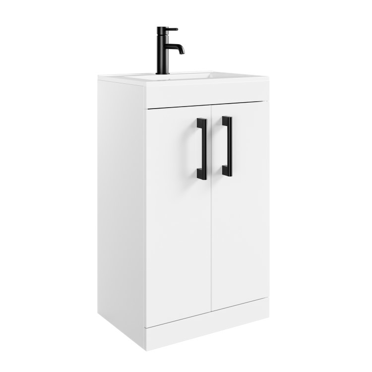 600mm White Freestanding Vanity Unit with Basin and Black Handles - Ashford