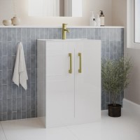 600mm White Freestanding Vanity Unit with Basin and Brass Handles - Ashford