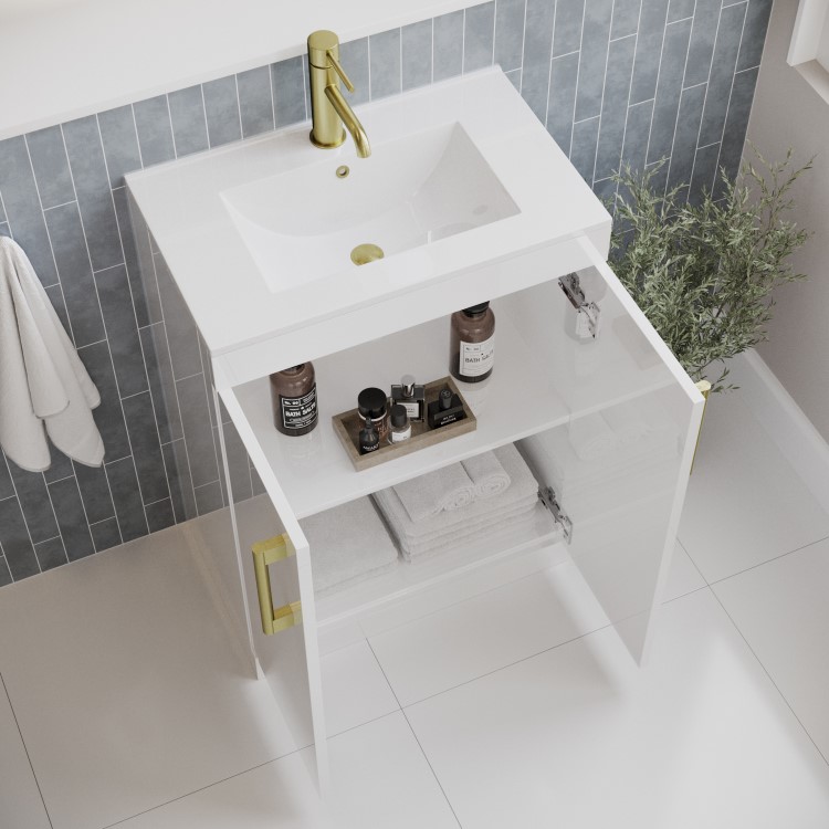 600mm White Freestanding Vanity Unit with Basin and Brass Handles - Ashford