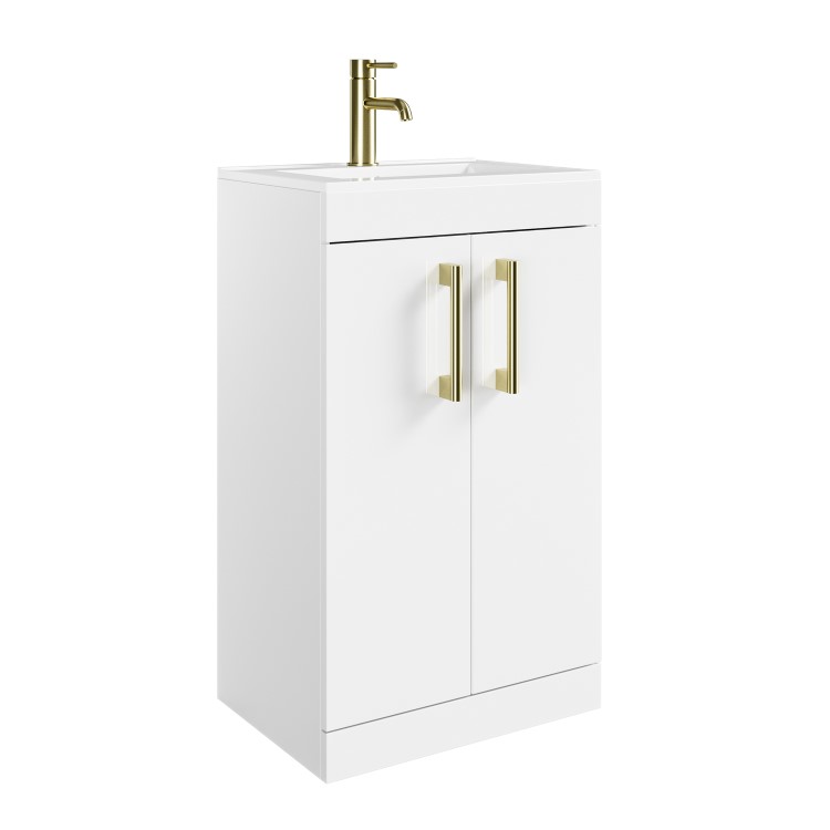 600mm White Freestanding Vanity Unit with Basin and Brass Handles - Ashford