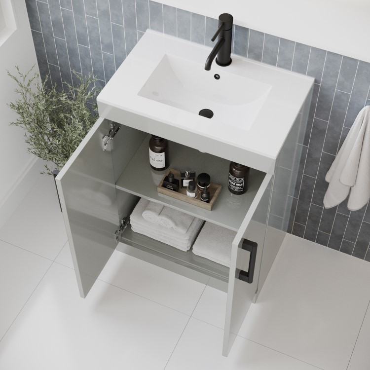 600mm Grey Freestanding Vanity Unit with Basin and Black Handles - Ashford