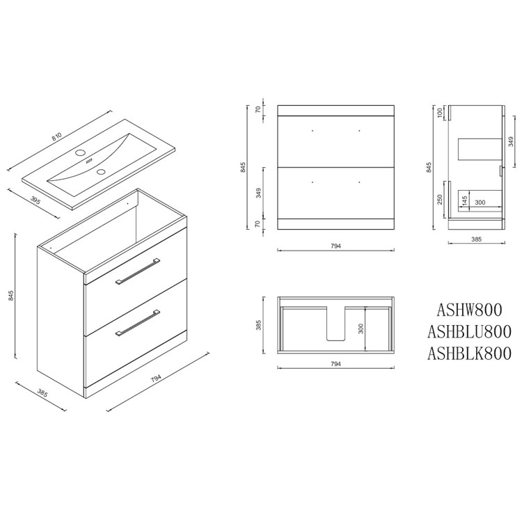 800mm White Freestanding Vanity Unit with Basin and Brass Handles - Ashford
