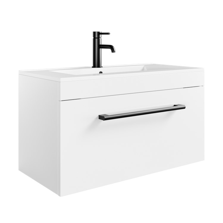 ONLY OPENED - 800mm White Wall Hung Vanity Unit with Basin and Black Handle - Ashford