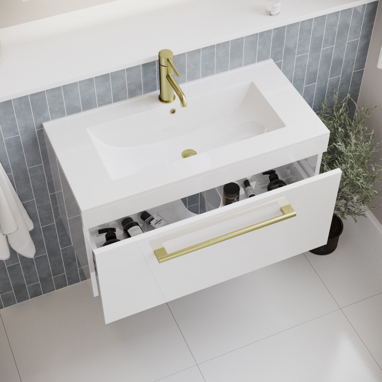 800mm White Wall Hung Vanity Unit with Basin and Brass Handle - Ashford