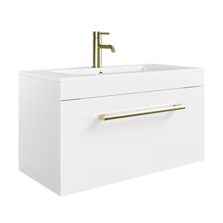 800mm White Wall Hung Vanity Unit with Basin and Brass Handle - Ashford