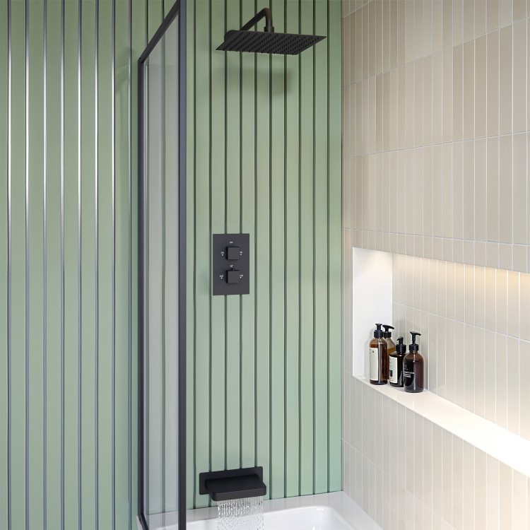 Matt Black 2 Outlet Shower With Wall Mounted 250mm Shower Head and Bath Spout - Zana