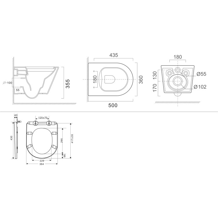 Wall Hung Rimless Toilet with Soft Close Seat, Chrome Mechanical Flush Plate, 1177mm Wirquin Frame & Cistern – Newport