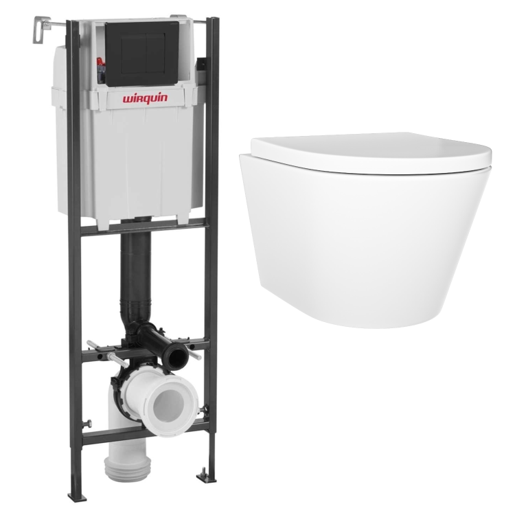 Grade A1 - Wall Hung Toilet with Slim Soft Close Seat Frame Cistern and Black Flush - Newport