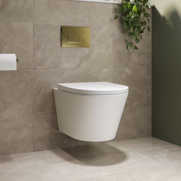 Wall Hung Rimless Toilet with Soft Close Seat, Brushed Brass Pneumatic Flush Plate, 820mm Frame & Cistern – Newport