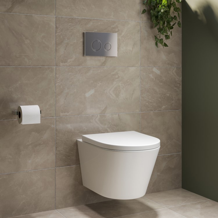 Wall Hung Rimless Toilet with Soft Close Seat, Chrome Mechanical Flush Plate, 1168mm Frame & Cistern – Newport