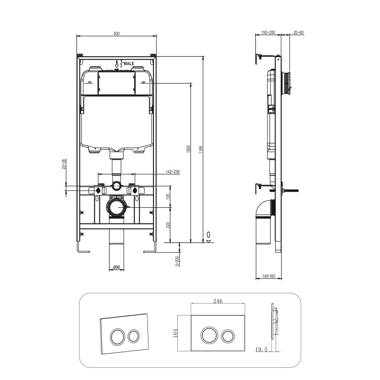 Wall Hung Rimless Toilet with Soft Close Seat, Matt Black Mechanical Flush Plate, 1168mm Frame & Cistern – Newport