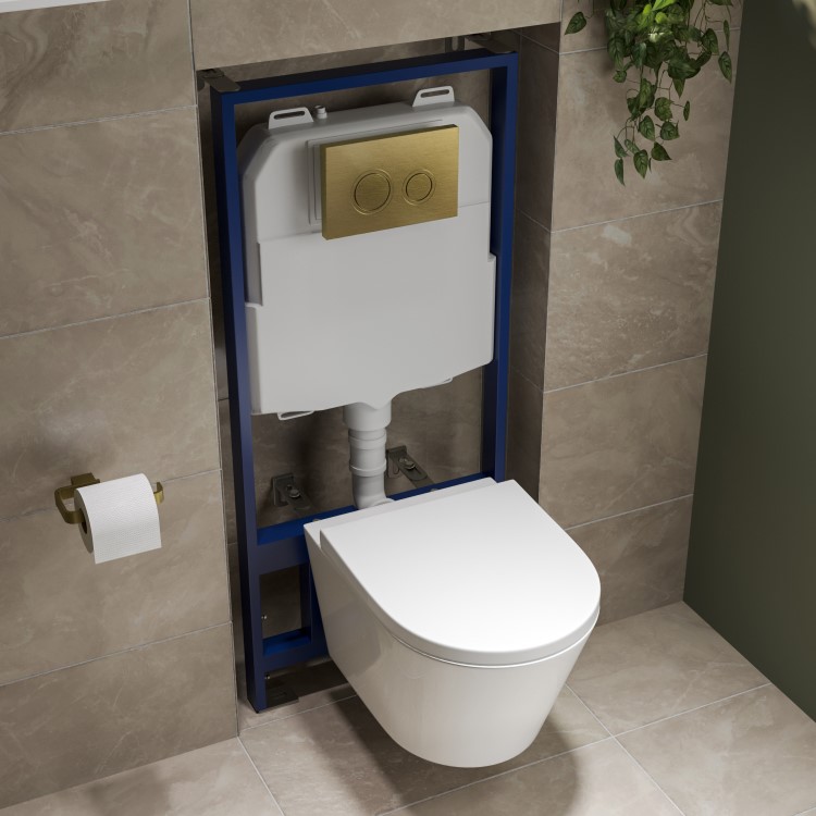 Wall Hung Rimless Toilet with Soft Close Seat, Brushed Brass Mechanical Flush Plate, 1168mm Frame & Cistern – Newport