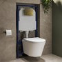 Wall Hung Rimless Toilet with Soft Close Seat, Brushed Brass Pneumatic Flush Plate, 1168mm Frame & Cistern – Newport