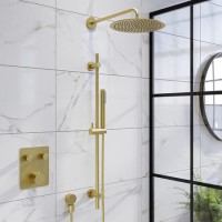 Brushed Brass Push Button 2 Outlet  Wall Mounted Thermostatic Mixer Shower Set with Hand Shower - Vance Brushed Brass Push Button 2 Outlet  Wall Mounted Thermostatic Mixer Shower Set with Hand Shower - Vance