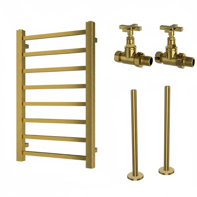 Brass Towel Radiator 800 x 500mm with Pipe kit and Straight Valves – Sonoran