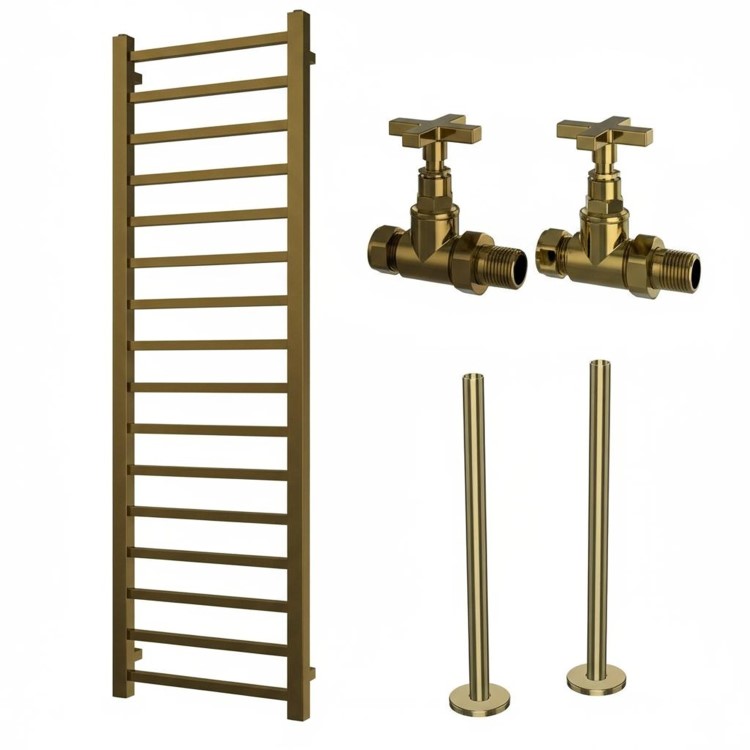 Brass Towel Radiator 1600 x 500mm with Pipe Kit and Straight Valves - Sonoran