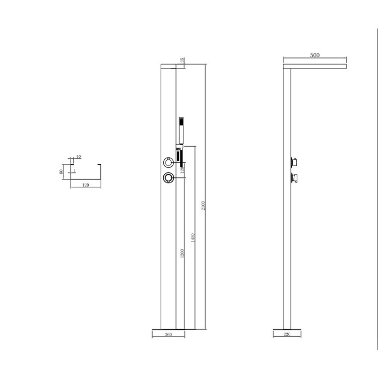Chrome Thermostatic Outdoor Shower with Pencil Hand Shower 2 Outlets - Suva