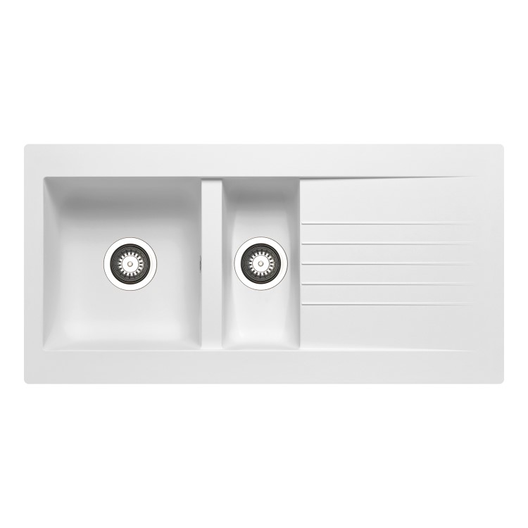 1.5 Bowl White Composite Inset Kitchen Sink with Reversible Drainer & Chrome Dual Lever Square Kitchen Mixer Tap - Essence