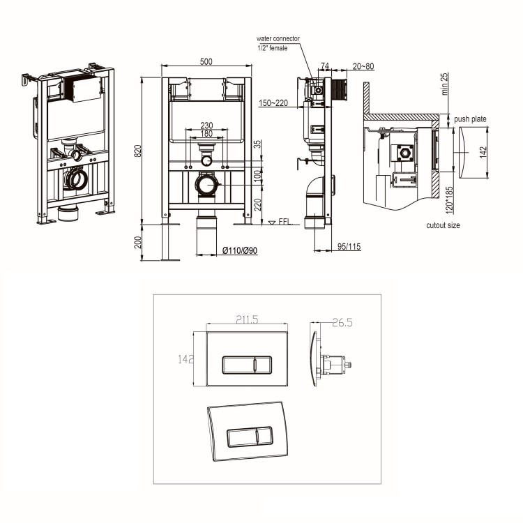 820mm Wall Hung Toilet Frame & Brass Pnuematic Dual Flush Plate with Concealed Cistern - Elira