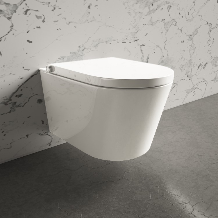Wall Hung Smart Bidet Japanese Toilet & 820mm Frame Cistern and Brass Pneumatic Flush Plate - Purificare