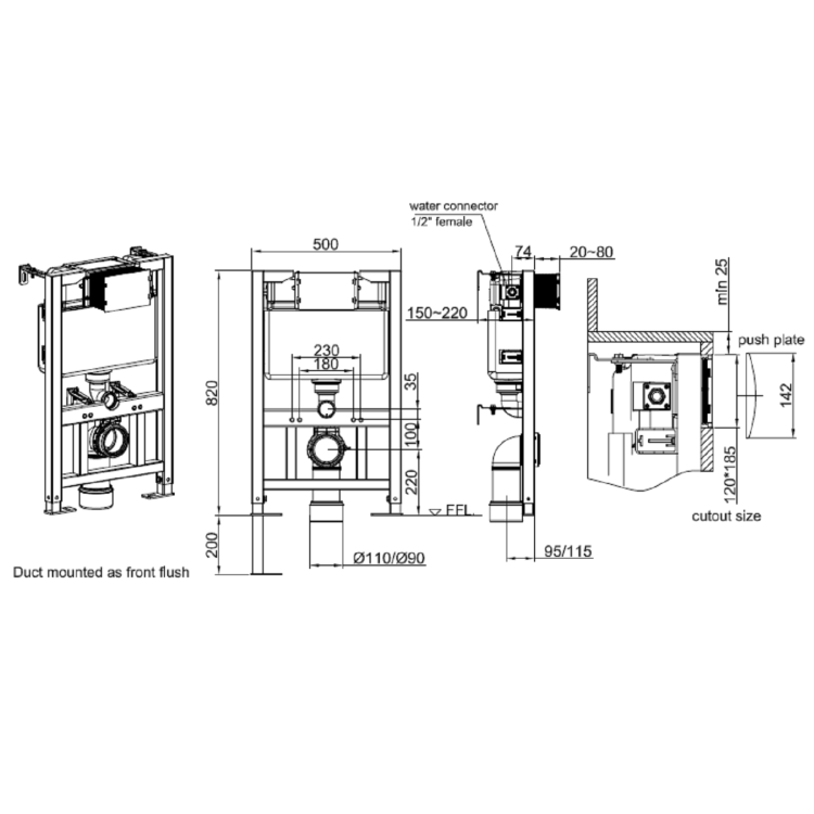 1168mm Wall Hung Toilet Frame & Brass Pnuematic Dual Flush Plate with Concealed Cistern - Elira