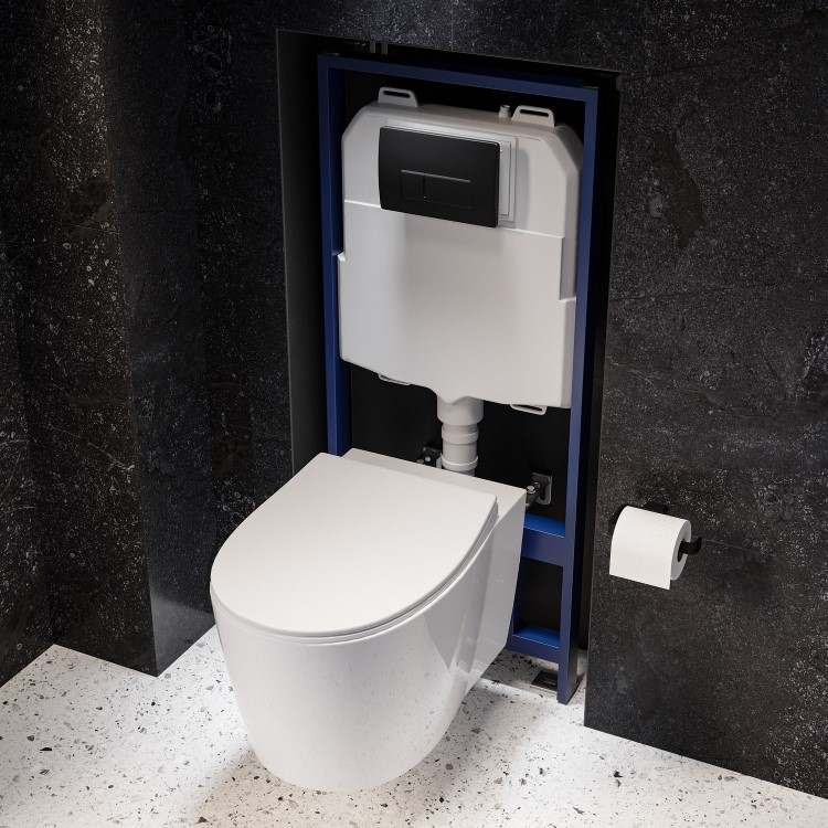 Wall Hung Rimless Toilet with Soft Close Seat, Matt Black Pneumatic Flush Plate, 1168mm Frame & Cistern – Alcor