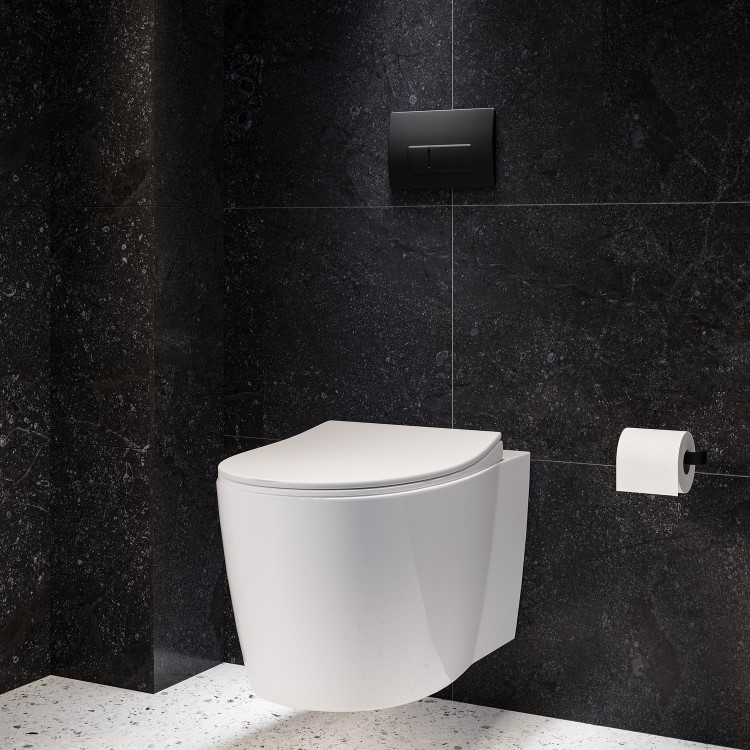 Wall Hung Rimless Toilet with Soft Close Seat, Matt Black Pneumatic Flush Plate, 1168mm Frame & Cistern – Alcor