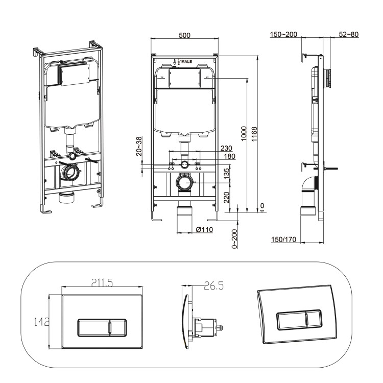 Wall Hung Rimless Toilet with Soft Close Seat, Matt Black Pneumatic Flush Plate, 1168mm Frame & Cistern – Alcor