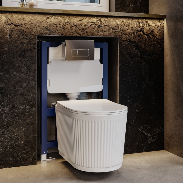 Fluted Wall Hung Rimless Toilet with Soft Close Seat, Chrome Pneumatic Flush Plate, 820mm Frame & Cistern – Oregon