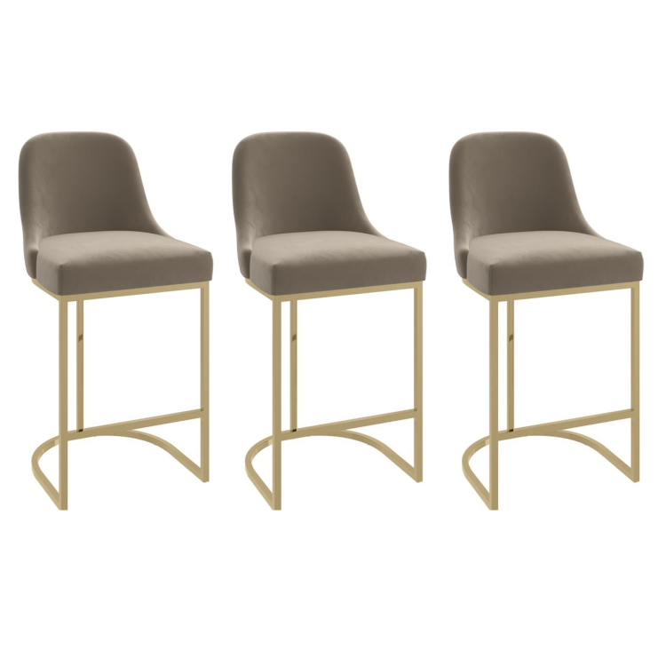 Set of 3 Mink Velvet Kitchen Stools with Gold Legs - Callie