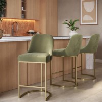 Set of 3 Sage Green Velvet Kitchen Stools with Gold Legs - Callie