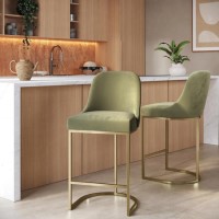 Set of 2 Sage Green Velvet Kitchen Stools with Gold Legs - Callie