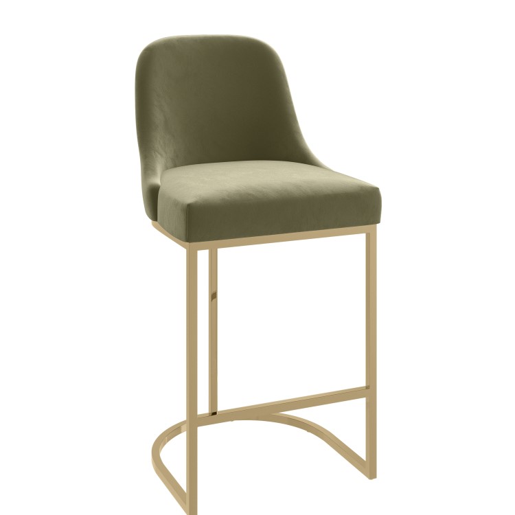 Set of 3 Sage Green Velvet Kitchen Stools with Gold Legs - Callie