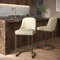 Set of 2 Beige Upholstered Kitchen Stools with Brass Legs - Callie