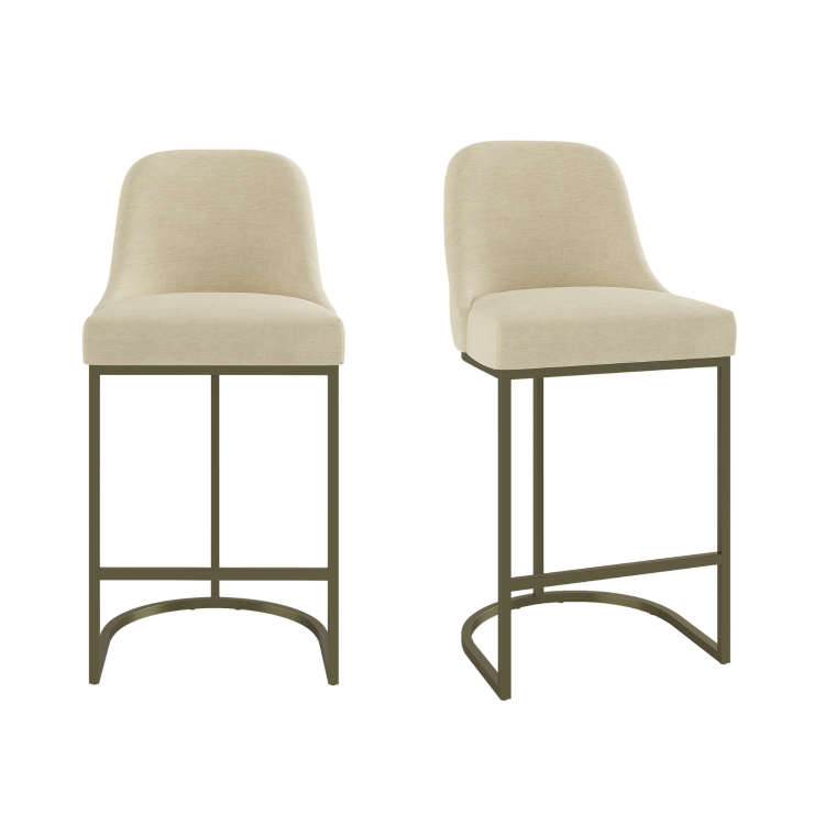Set of 2 Beige Upholstered Kitchen Stools with Brass Legs - Callie