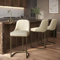 Set of 3 Beige Upholstered Kitchen Stools with Brass Legs - Callie