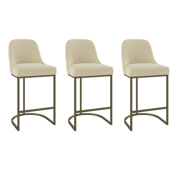 Set of 3 Beige Upholstered Kitchen Stools with Brass Legs - Callie