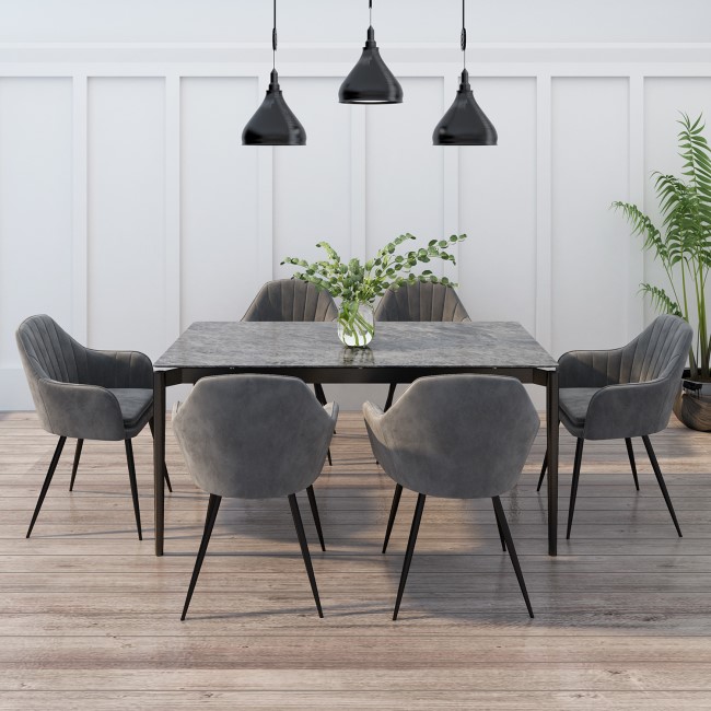 Grey Marble Extendable Dining Table with 6 Grey Velvet Dining Chairs - Camilla