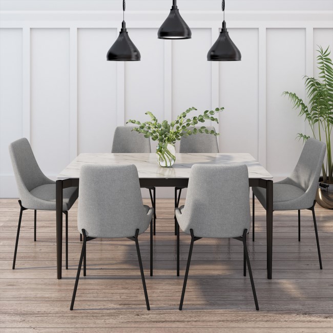 White Marble Extendable Dining Table with 6 Grey Fabric Dining Chairs - Camilla