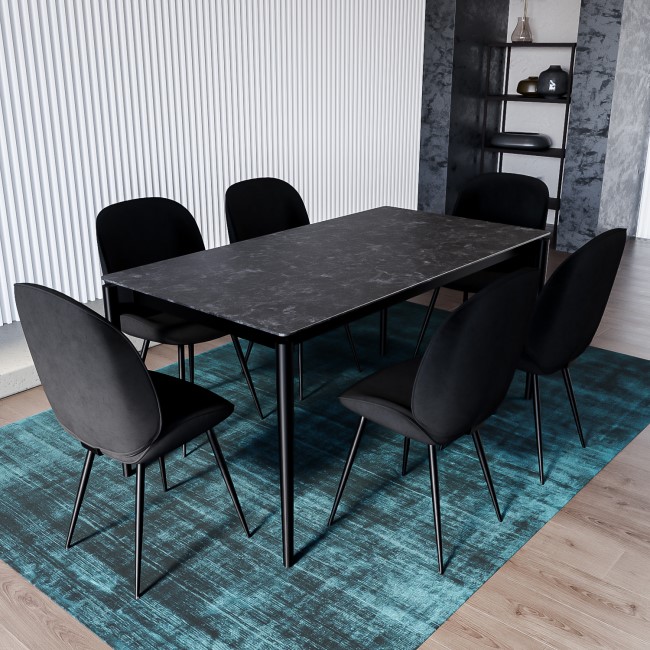 Black Ceramic Marble Extendable Dining Table Set with 6 Black Velvet Chairs - Seats 6 - Camilla