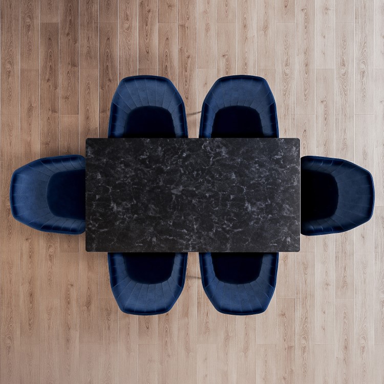 Black Ceramic Marble Extendable Table Dining Set with 6 Navy Velvet Chairs - Seats 6 - Camilla