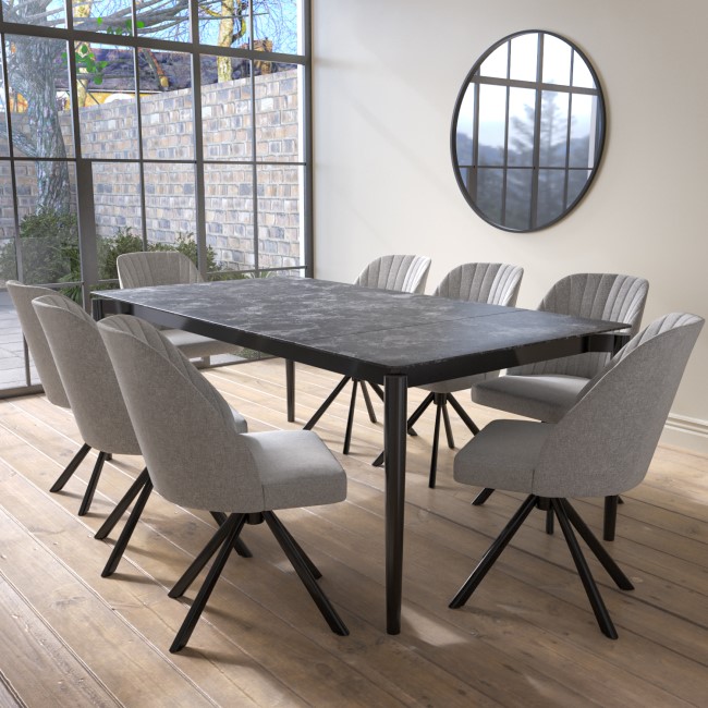 Black Ceramic Marble Extendable Dining Table Set with 8 Grey Fabric Swivel Chairs - Seats 8 - Camilla