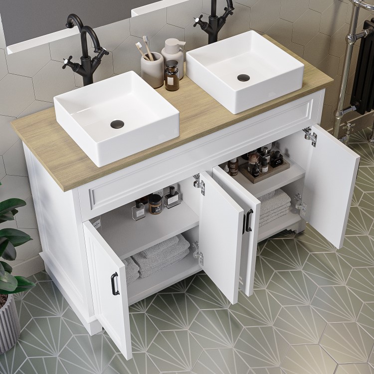 1200mm White Freestanding Double Countertop Vanity Unit with Basins - Camden