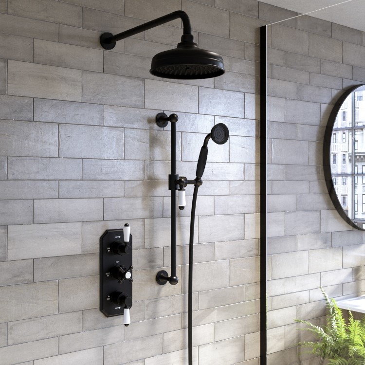Black 2 Outlet  Wall Mounted Thermostatic Mixer Shower Set with Hand Shower - Cambridge