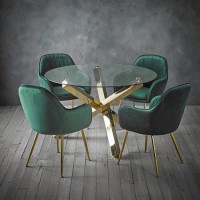 Round Glass Dining Table Set with 4 Green Velvet Chairs - Seats 4 - Capri Round Glass Dining Table Set with 4 Green Velvet Chairs - Seats 4 - Capri