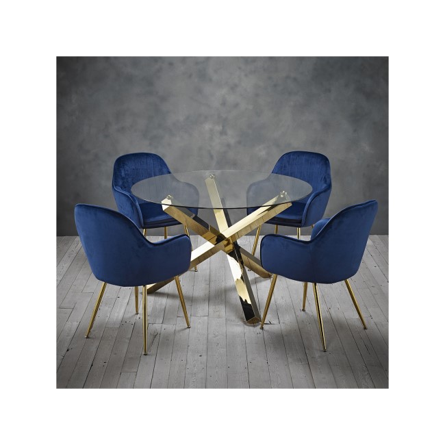 Round Glass Dining Table Set with 4 Blue Velvet Chairs - Seats 4 - Capri