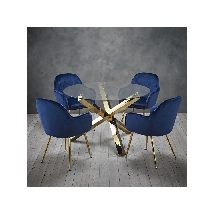 Round Glass Dining Table Set with 4 Blue Velvet Chairs - Seats 4 - Capri