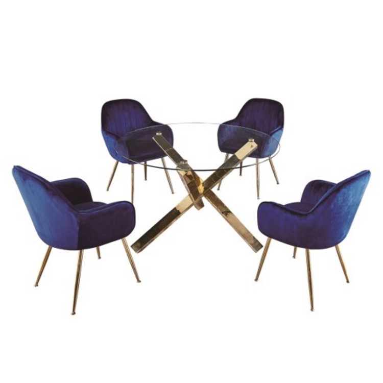 Round Glass Dining Table Set with 4 Blue Velvet Chairs - Seats 4 - Capri