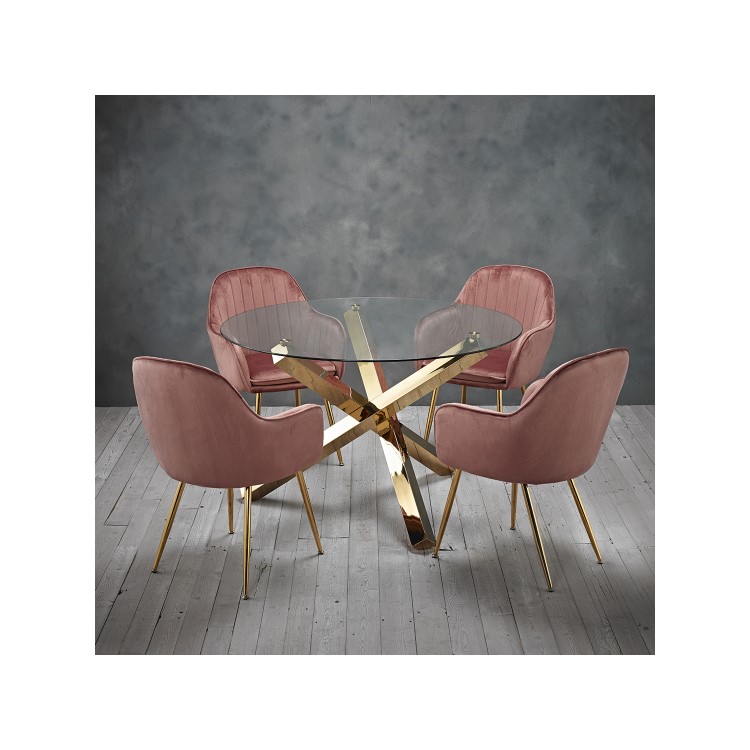 Round Glass Dining Table Set with 4 Pink Velvet Chairs - Seats 4 - Capri